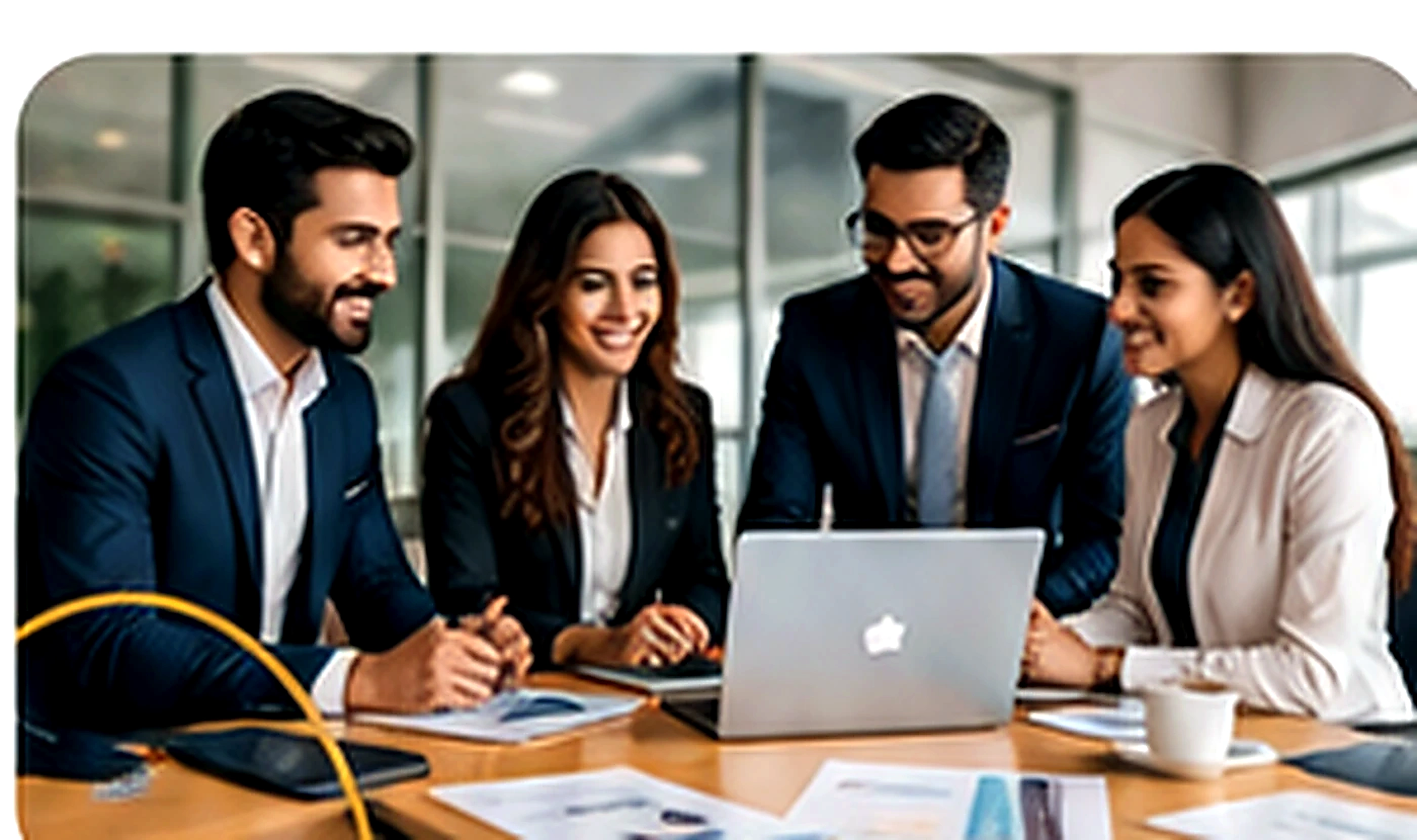 Corporate consultants collaborating around a laptop and business documents